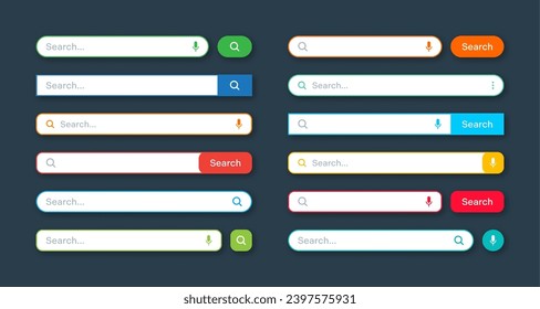 Colorful search bar templates. Internet browser engine with search box, address bar and text field. UI design, website interface element with web icons and push button. Vector illustration