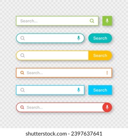 Colorful search bar templates. Internet browser engine with search box, address bar and text field. UI design, website interface element with web icons and push button. Vector illustration