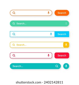 Colorful search bar templates. Internet browser engine with search box, address bar and text field. UI design, website interface element with web icons and push button. Vector illustration