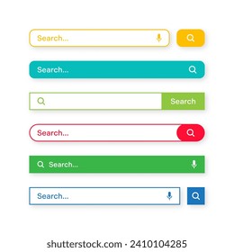 Colorful search bar templates. Internet browser engine with search box, address bar and text field. UI design, website interface element with web icons and push button. Vector illustration