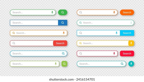 Plantillas de barra de búsqueda coloridas. Motor de navegador de Internet con cuadro de búsqueda, barra de direcciones y campo de texto. diseño de interfaz de usuario, elemento de interfaz de sitio web con iconos web y botón pulsador. Ilustración del vector