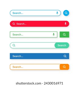 Colorful search bar templates. Internet browser engine with search box, address bar and text field. UI design, website interface element with web icons and push button. Vector illustration