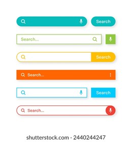 Colorful search bar templates. Internet browser engine with search box, address bar and text field. UI design, website interface element with web icons and push button. Vector illustration