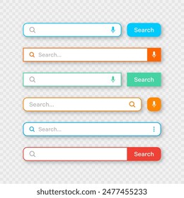 Colorful search bar templates. Internet browser engine with search box, address bar and text field. UI design, website interface element with web icons and push button. Vector illustration