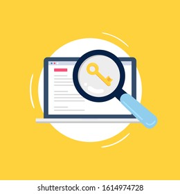 Colorful Search Engine Optimization concept. Big magnifying glass searching for keywords to improve website page rank. Flat Vector illustration good for banners, ads, landing pages or web promotion.