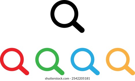 Colorido icono de búsqueda en cinco colores aislados sobre fondo blanco. Icono de lupa . Ilustración vectorial