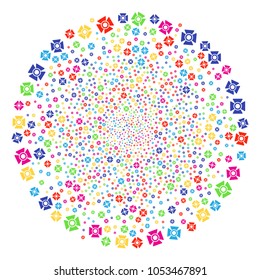 Colorful Searchlight bang round cluster. Vector cluster fireworks designed by random searchlight objects. Multicolored Vector abstraction.