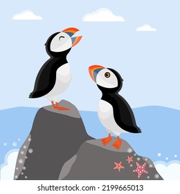 Colorful seascape with puffins in cartoon style. Puffin Colony vector illustration for designs, prints and patterns.