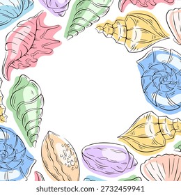 Conchas de mar de colores dispuestos en un borde decorativo en estilo plano. Diseño marino tropical para obras de arte temáticas de verano o playa.