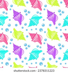 Colorful seashell and blue bubbles cartoon seamelss pattern on white background. Vector illustration