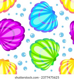 Colorful seashell and bubbles cartoon seamelss pattern. Vector illustration