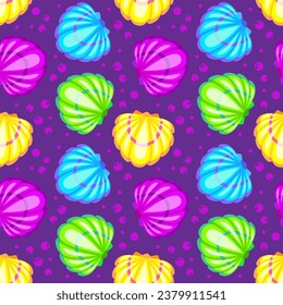 Colorful seashell and bubbles cartoon seamelss pattern. Vector illustration