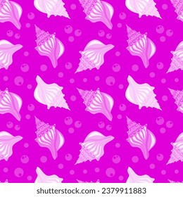 Colorful seashell and bubbles cartoon seamelss pattern. Vector illustration