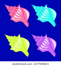 Colorful seashell cartton set collection on blue background. Vector illustration