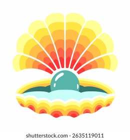Colorful seashell with layered sunburst fan and a shiny pearl inside, stylized in paper cut vector style on white background, retro marine feel