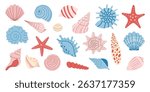 Colorful seashell and starfish set in pastel tones. Ocean marine elements isolated on white. Cute summer collection for beach design, kids decor, tropical themes. Vector illustration.