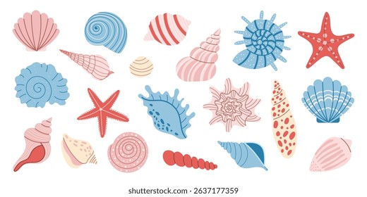 Colorful seashell and starfish set in pastel tones. Ocean marine elements isolated on white. Cute summer collection for beach design, kids decor, tropical themes. Vector illustration.