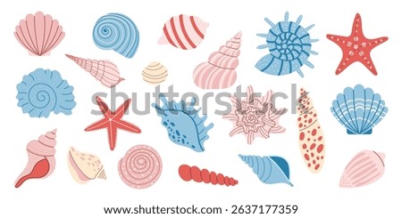 Colorful seashell and starfish set in pastel tones. Ocean marine elements isolated on white. Cute summer collection for beach design, kids decor, tropical themes. Vector illustration.