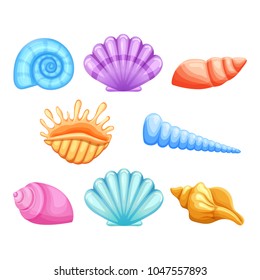 Colorful seashells  in cartoon style isolated on white background. Vector set.