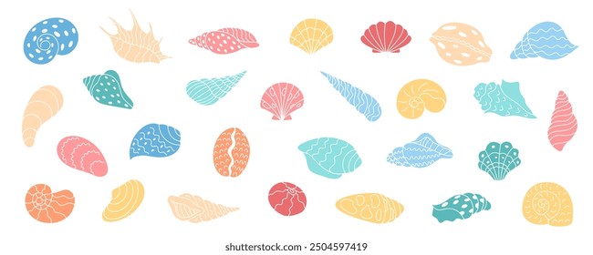 Colorful seashells and conchs illustrated in a cartoon graphic style. Assorted shellfish designs with snails and clams. Marine life and underwater vector elements. Cute sea creatures.