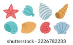 Colorful seashells of different shapes vector illustrations set. Collection of drawings of cockleshells, shellfish or mollusks isolated on white background. Traveling, vacation, holidays concept