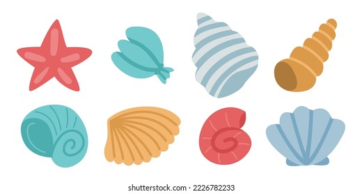 Colorful seashells of different shapes vector illustrations set. Collection of drawings of cockleshells, shellfish or mollusks isolated on white background. Traveling, vacation, holidays concept