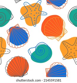 Colorful seashells on a white background. Above the yellow, red, blue spots, marine elements are hand-drawn with a line. Abstract fashion print. Seamless vector pattern in doodle style.