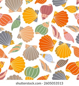 Colorful seashells seamless pattern. Bright summer marine background with sea scallop and sea shell