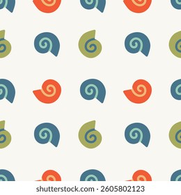 Colorful seashells seamless pattern. Naive vector illustration for fabric, background, packaging, paper, cover