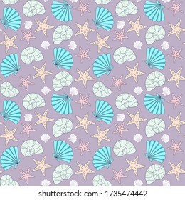 Colorful seashells and starfish on a purple background. Vector seamless pattern for wallpaper, wrapping paper, packaging, printing on fabric, textile, clothes and bags. Design template