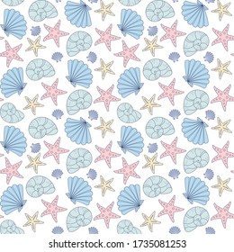 Colorful seashells and starfish on a white background. Vector seamless pattern for wallpaper, wrapping paper, packaging, printing on fabric, textile, clothes and bags. Design template