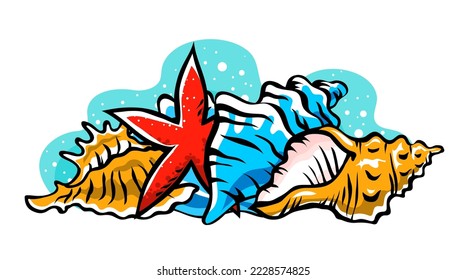 Colorful seashells and starfish set. Snail sea shell. Marine underwater twisted seashell. Spiral shape. Undersea mollusc. Animal and wildlife. Cartoon vector isolated art illustration hand drawn