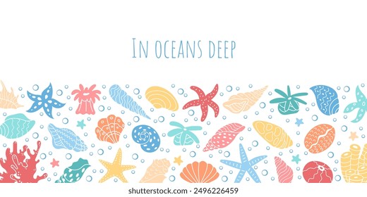 Colorful seashells and starfish underwater template graphic. Marine life background featuring a vibrant ocean reef with aquatic elements. Various sea creatures create an engaging underwater design.