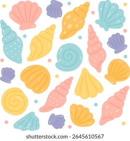 Colorful seashells in various shapes and sizes create playful and vibrant pattern