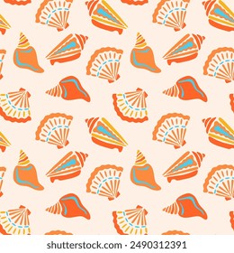 Colorful seashells vector seamless pattern. Bright marine repeat tile with orange scallop and spiral shells in modern hand drawn flat style on light background. Cute summer nautical illustration