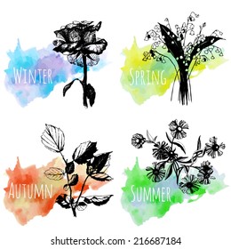 Colorful season pictures with names. Set of four plants in different seasons, vector illustration, eps 8. Watercolor background