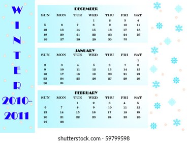 Colorful seasonal calendar for winter 2010-2011, starts from Sunday