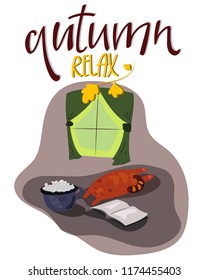 Colorful seasonal, cozy illustration depicting a warm autumn outside the window, a cat and a favorite book. For printing cards, stickers, prints on anything.