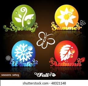 Colorful seasons icons, glossy floral design, dark background