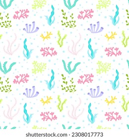 Colorful seaweed vector seamless pattern. Sea life childish flat cartoon background. Marine animal summer textiles