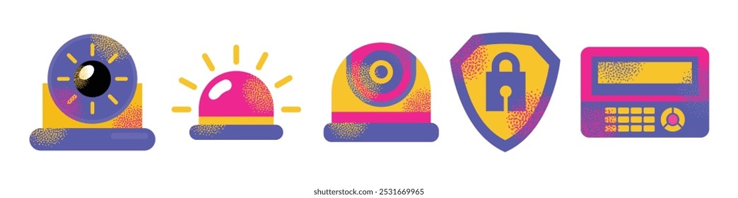 Colorful security system icons including lock, key, fingerprint, camera, and alarm symbols. Vector flat illustration isolated on background. Home security and surveillance concept for design 