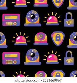 Colorful security system seamless pattern with lock, key, fingerprint, camera, and alarm symbols. Vector flat illustration isolated on background. Home security and surveillance concept for design 