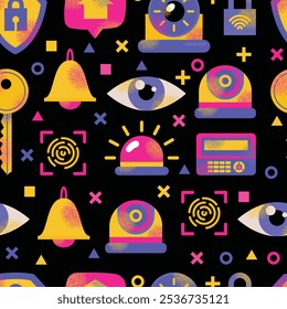Colorful security system seamless pattern with lock, key, fingerprint, camera, and alarm symbols. Vector flat illustration isolated on background. Home security and surveillance concept for design 
