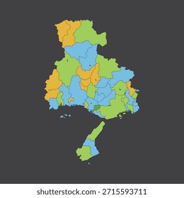 Mapa colorido segmentado da prefeitura de Hyogo exibindo divisões administrativas no fundo escuro