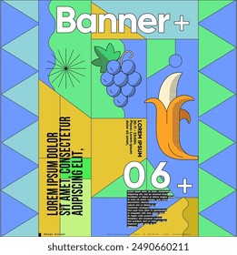 Colorful and segmented poster layout with varied typography and vibrant icons representing diverse themes.