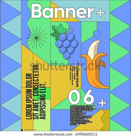Colorful and segmented poster layout with varied typography and vibrant icons representing diverse themes.