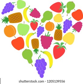 Colorful selection of fruits arranged in the shape of heart