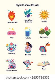 Colorful Self Care Rituals Vector | Mental Health | Wellness and Mindfulness Icons