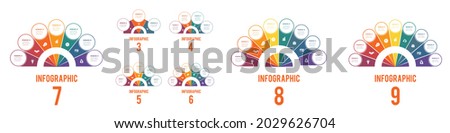 Colorful semicircle and circles for 3,4,5,6,7,8,9 Positions. Elements of Infographics Conceptual Cyclic Processes Possible to Use for Workflow, Banner, Diagram, Web design, Timeline, Area chart