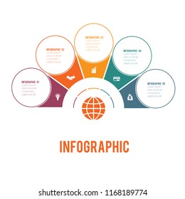 Colorful semicircle and circles.  Elements of Infographics Conceptual Cyclic Processes for 5 Positions Possible to Use for Workflow, Banner, Diagram, Web design, Timeline, Area chart,Number options